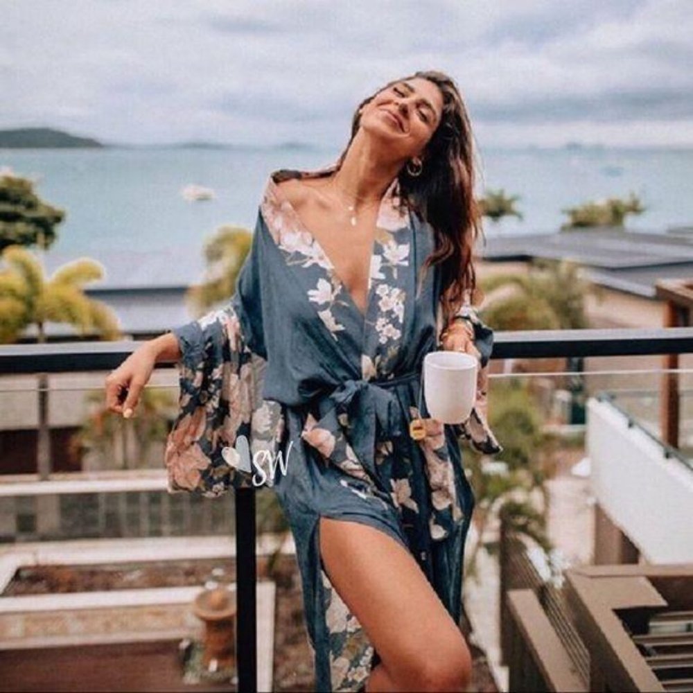 Boho Kimono Floral Bird Print Maxi Gypsy Coverup - Picture 2 of 10